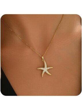 Women's Starfish Gold Dainty Starfish Cz Moon Horseshoe Opal Choker Necklace